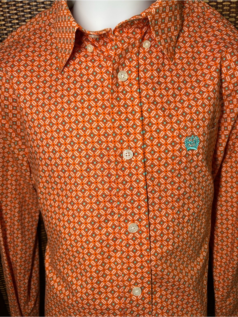 Cinch Boys Shirt XL (14) Orange Geometric Long Sleeve Button Down Western Cowboy